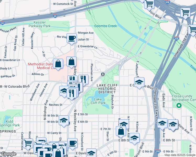 map of restaurants, bars, coffee shops, grocery stores, and more near 1339 North Zang Boulevard in Dallas