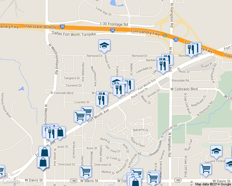 map of restaurants, bars, coffee shops, grocery stores, and more near 2527 West Colorado Boulevard in Dallas