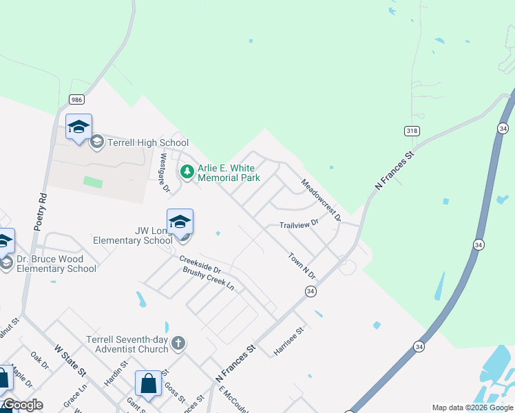 map of restaurants, bars, coffee shops, grocery stores, and more near 1806 Ridgecrest Drive in Terrell