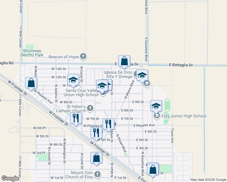 map of restaurants, bars, coffee shops, grocery stores, and more near 1017 North Main Street in Eloy