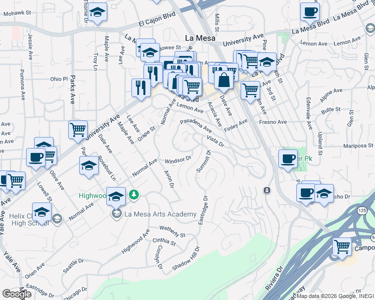 map of restaurants, bars, coffee shops, grocery stores, and more near 7933 Pasadena Avenue in La Mesa