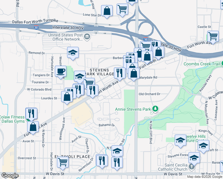map of restaurants, bars, coffee shops, grocery stores, and more near in Dallas