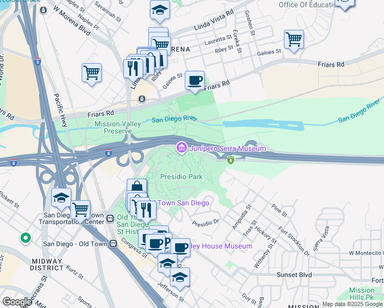 map of restaurants, bars, coffee shops, grocery stores, and more near Taylor Street in San Diego