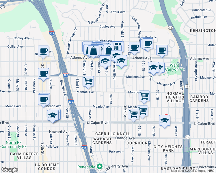 map of restaurants, bars, coffee shops, grocery stores, and more near 4540 Hawley Boulevard in San Diego