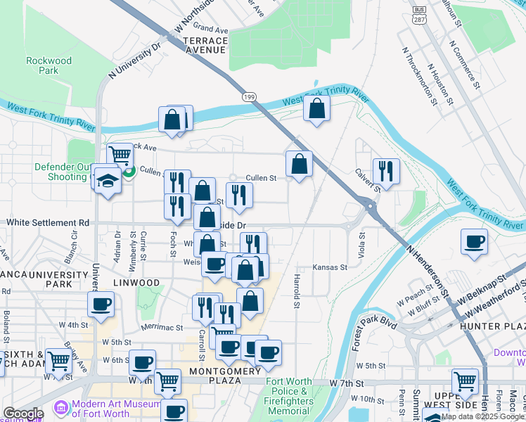 map of restaurants, bars, coffee shops, grocery stores, and more near 2520 White Settlement Road in Fort Worth