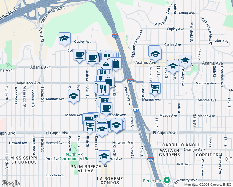 map of restaurants, bars, coffee shops, grocery stores, and more near 3057 Walton Place in San Diego