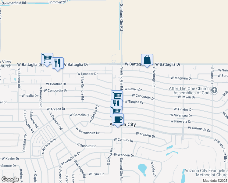 map of restaurants, bars, coffee shops, grocery stores, and more near 13239 North Lariat Drive in Arizona City