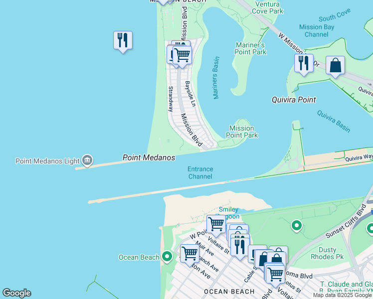 map of restaurants, bars, coffee shops, grocery stores, and more near North Jetty Road in San Diego