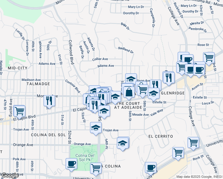map of restaurants, bars, coffee shops, grocery stores, and more near 5438 Gilbert Drive in San Diego