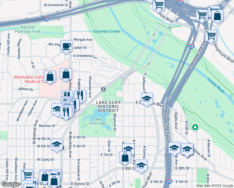 map of restaurants, bars, coffee shops, grocery stores, and more near 929 North Marsalis Avenue in Dallas