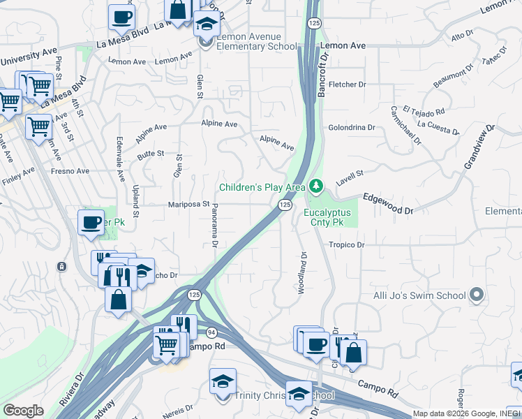 map of restaurants, bars, coffee shops, grocery stores, and more near 8906 Mariposa Street in La Mesa