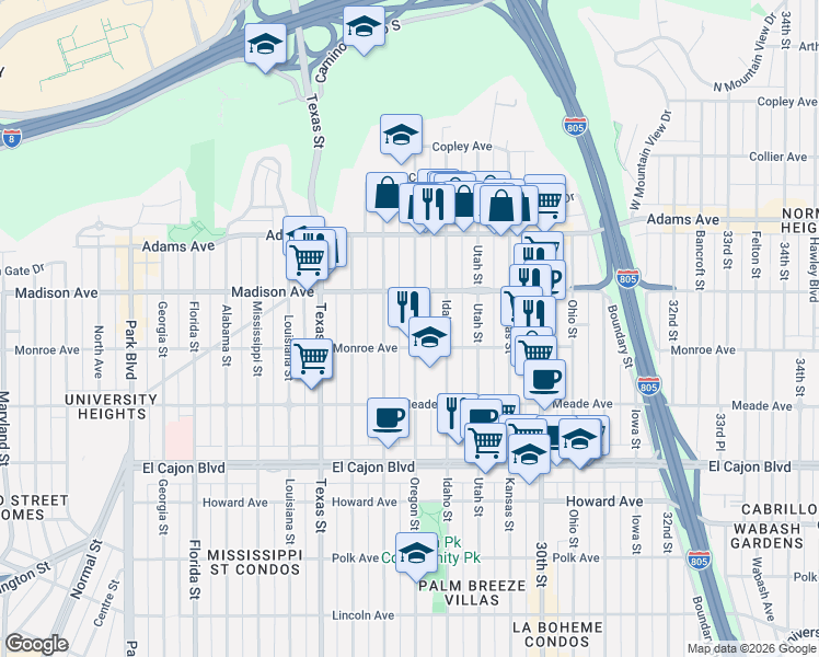 map of restaurants, bars, coffee shops, grocery stores, and more near 4530-32 Oregon Street in San Diego