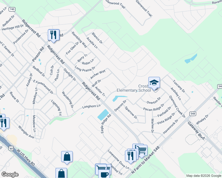 map of restaurants, bars, coffee shops, grocery stores, and more near 104 Trailwood Court in Forney
