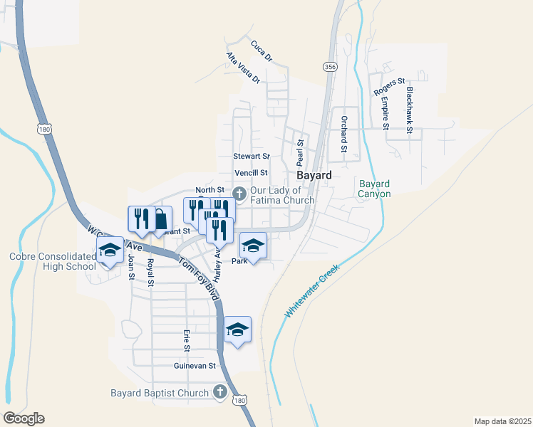 map of restaurants, bars, coffee shops, grocery stores, and more near 283 Mayo Street in Bayard