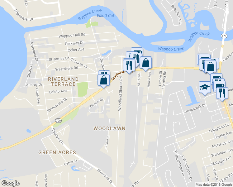 map of restaurants, bars, coffee shops, grocery stores, and more near 249 Woodland Shores Road in Charleston