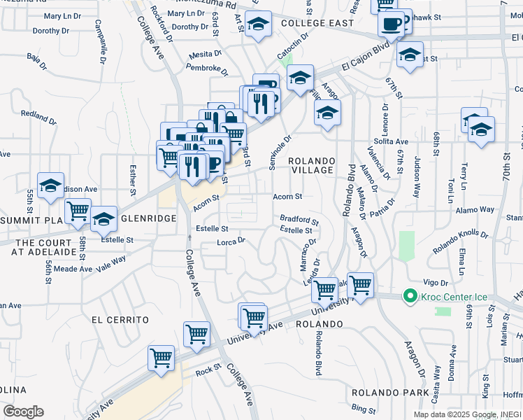 map of restaurants, bars, coffee shops, grocery stores, and more near 4527 63rd Street in San Diego