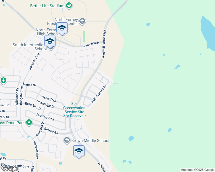 map of restaurants, bars, coffee shops, grocery stores, and more near 9400 Bald Cypress Street in Forney