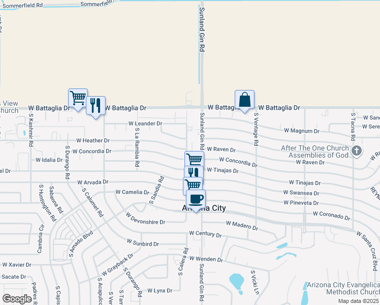map of restaurants, bars, coffee shops, grocery stores, and more near 13239 North Lariat Drive in Arizona City