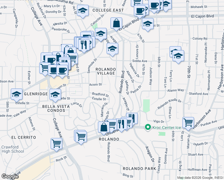 map of restaurants, bars, coffee shops, grocery stores, and more near 4520 Revillo Way in San Diego