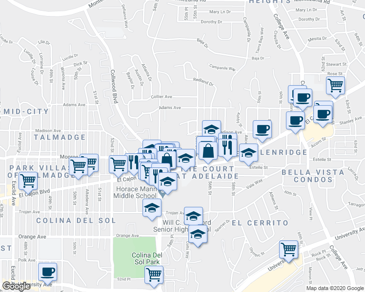 map of restaurants, bars, coffee shops, grocery stores, and more near 5420 Gilbert Drive in San Diego
