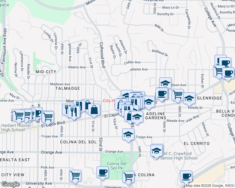 map of restaurants, bars, coffee shops, grocery stores, and more near in San Diego