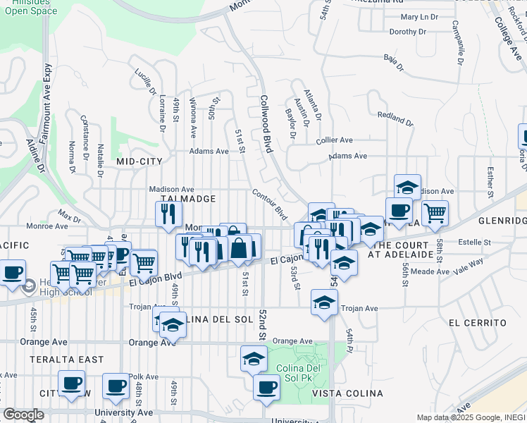 map of restaurants, bars, coffee shops, grocery stores, and more near 4562 52nd Street in San Diego