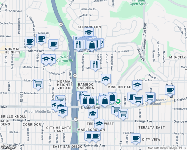 map of restaurants, bars, coffee shops, grocery stores, and more near 4545 Edgeware Road in San Diego