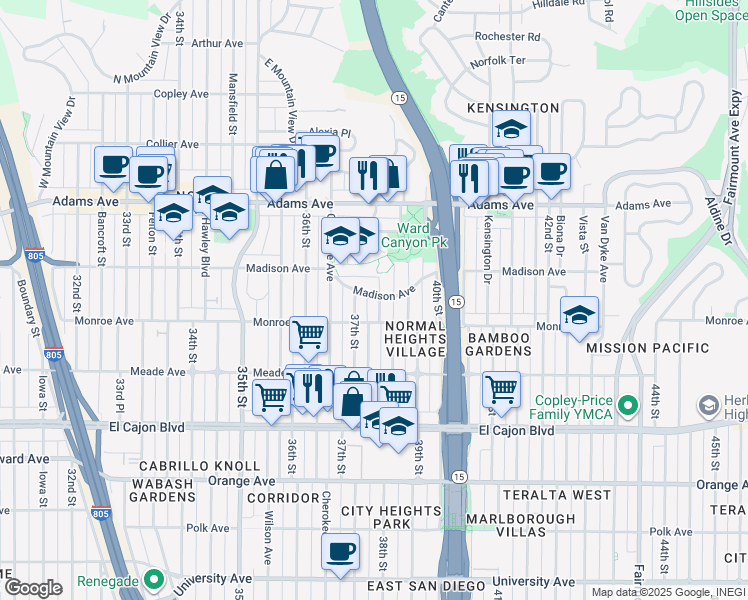 map of restaurants, bars, coffee shops, grocery stores, and more near 3735 Madison Avenue in San Diego
