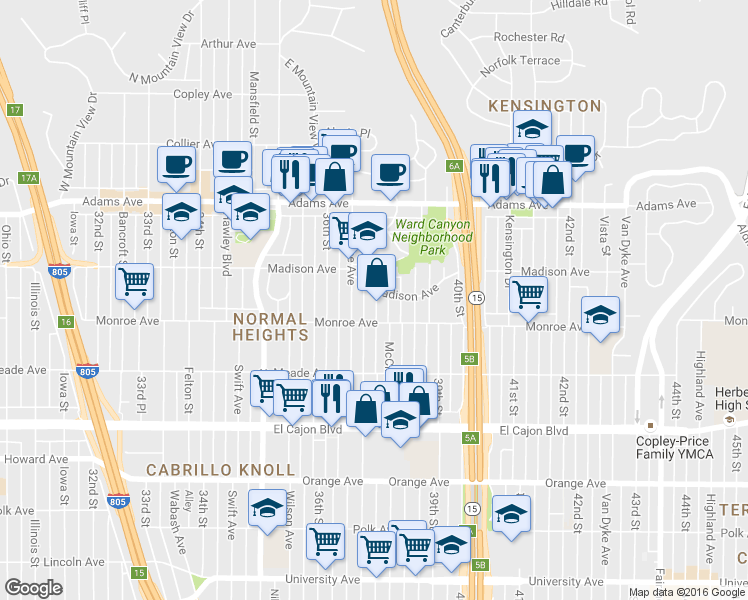 map of restaurants, bars, coffee shops, grocery stores, and more near 3735 Madison Avenue in San Diego