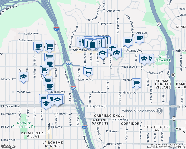map of restaurants, bars, coffee shops, grocery stores, and more near 4550 33rd Street in San Diego