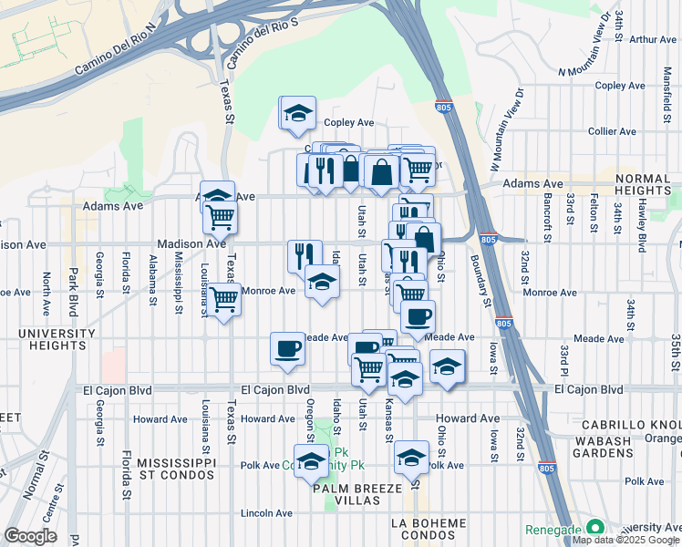 map of restaurants, bars, coffee shops, grocery stores, and more near 4533 Idaho Street in San Diego