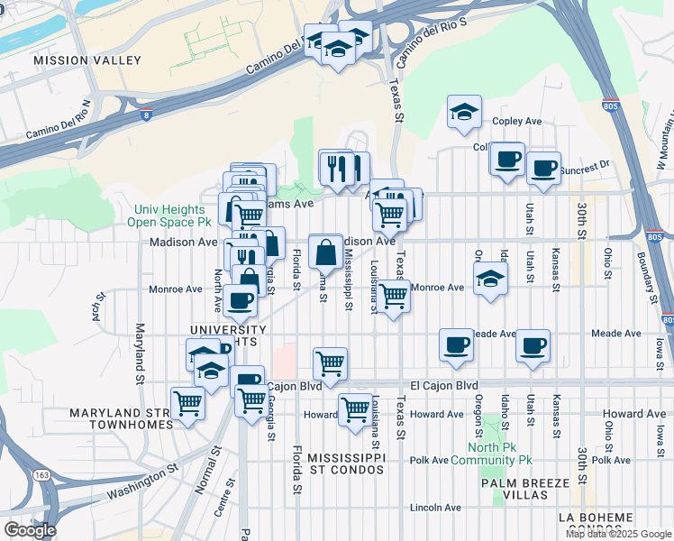 map of restaurants, bars, coffee shops, grocery stores, and more near 4525 Alabama Street in San Diego