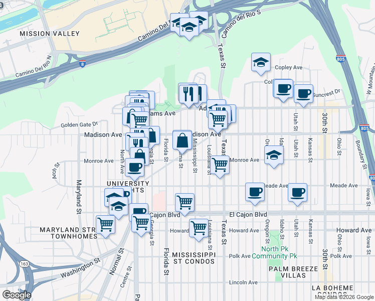 map of restaurants, bars, coffee shops, grocery stores, and more near 4525 Alabama Street in San Diego