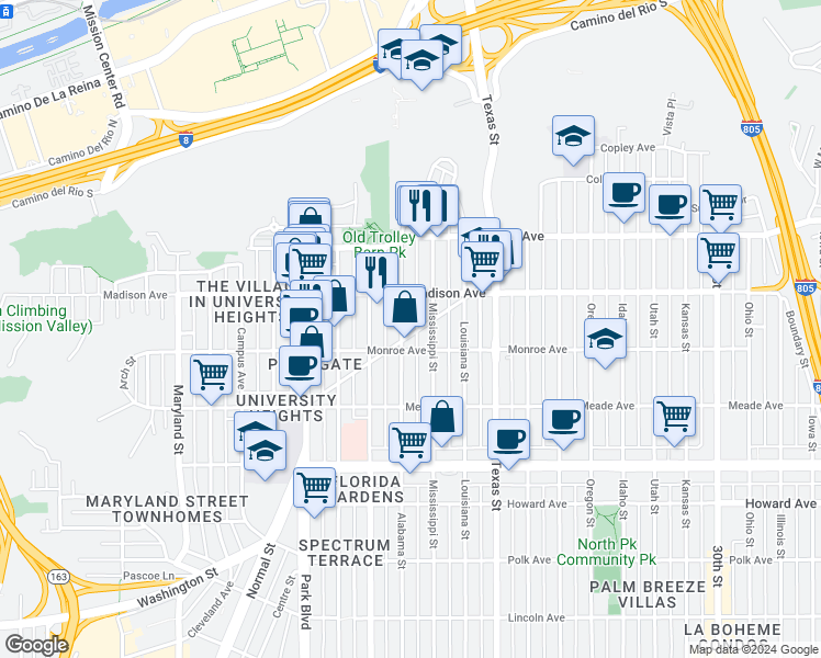 map of restaurants, bars, coffee shops, grocery stores, and more near 4525 Alabama Street in San Diego