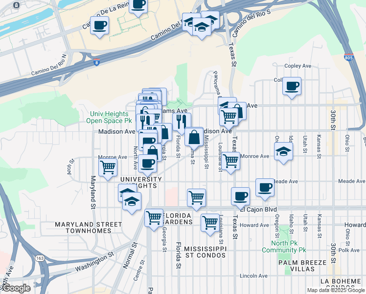 map of restaurants, bars, coffee shops, grocery stores, and more near 4546 Florida Street in San Diego