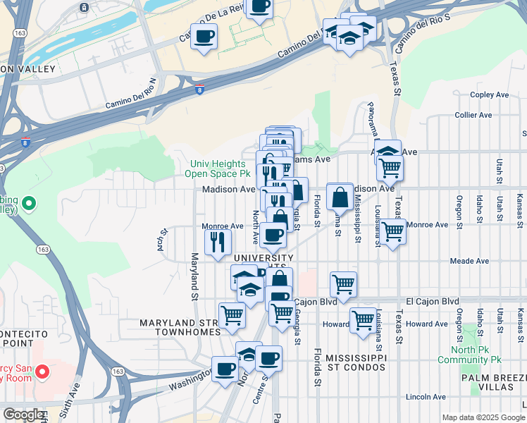 map of restaurants, bars, coffee shops, grocery stores, and more near 4553 North Avenue in San Diego