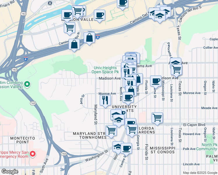 map of restaurants, bars, coffee shops, grocery stores, and more near 4543 Cleveland Avenue in San Diego