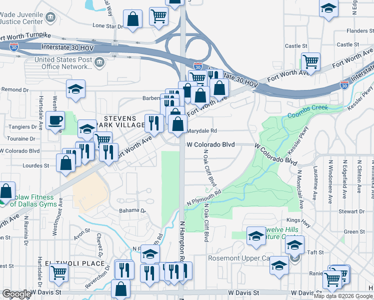 map of restaurants, bars, coffee shops, grocery stores, and more near 2032 West Colorado Boulevard in Dallas