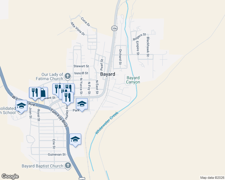 map of restaurants, bars, coffee shops, grocery stores, and more near 201 Pine Street in Bayard