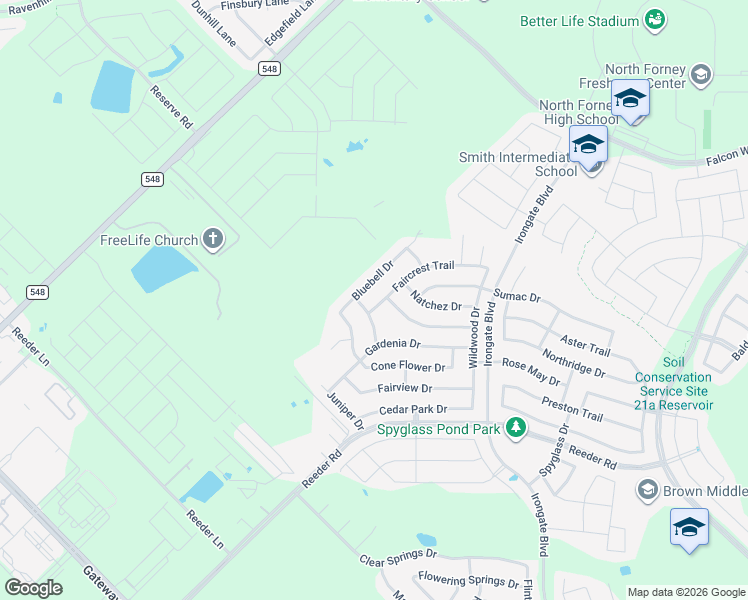 map of restaurants, bars, coffee shops, grocery stores, and more near 2059 Fair Crest Trail in Forney