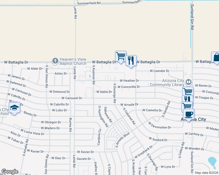map of restaurants, bars, coffee shops, grocery stores, and more near 13211 South Kin Circle in Arizona City