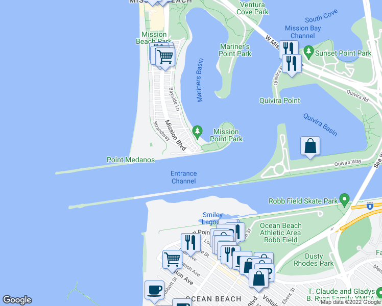 map of restaurants, bars, coffee shops, grocery stores, and more near Mission Blvd & Ocean Front Walk in San Diego