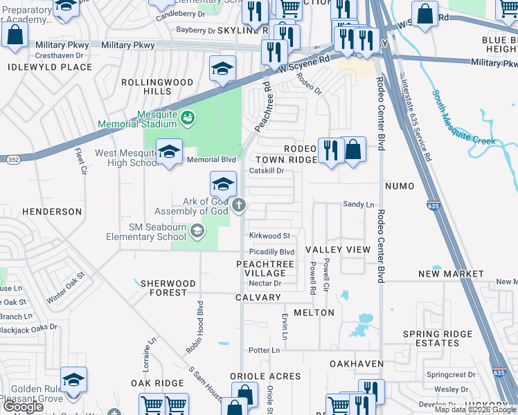 map of restaurants, bars, coffee shops, grocery stores, and more near 2100 Meadowbrook Drive in Mesquite