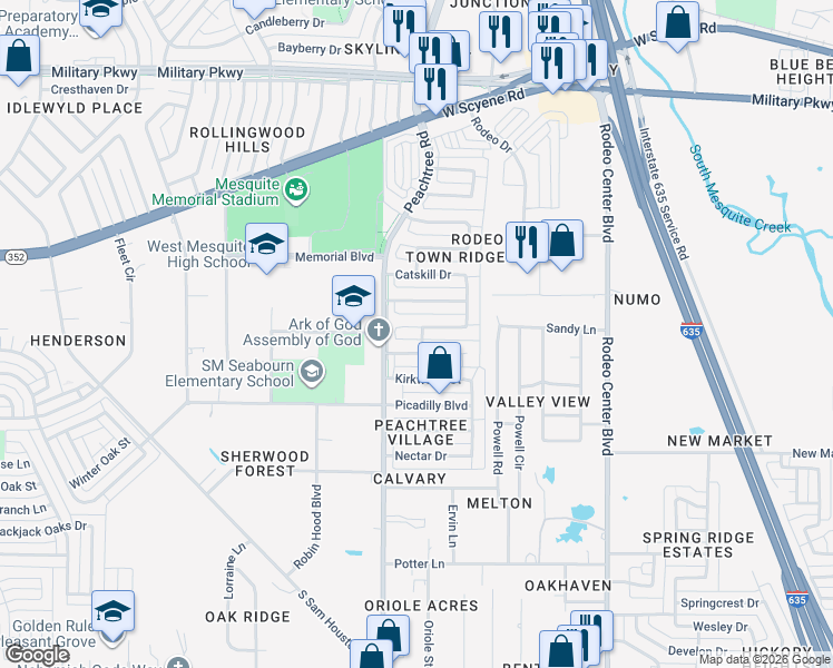 map of restaurants, bars, coffee shops, grocery stores, and more near 2100 Meadowbrook Drive in Mesquite