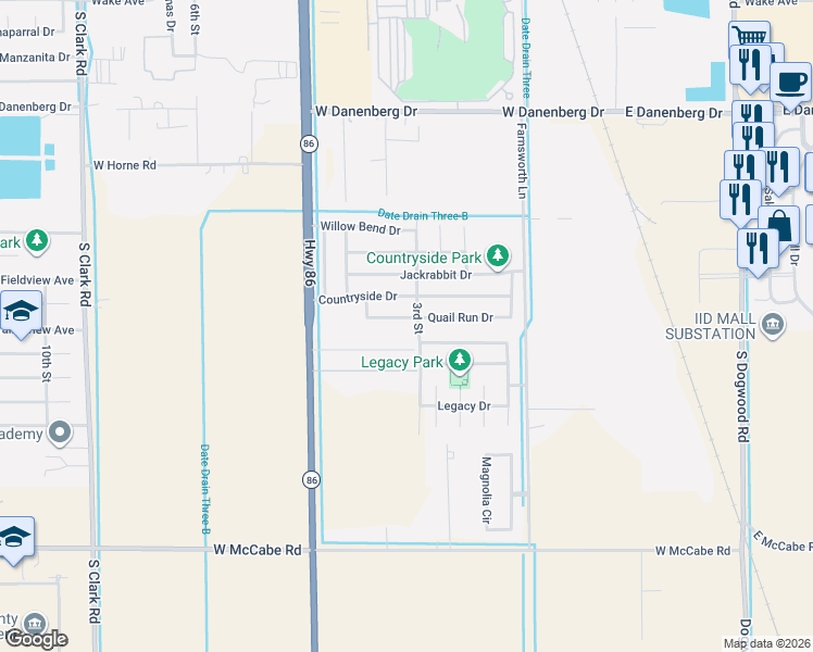 map of restaurants, bars, coffee shops, grocery stores, and more near 303 Quail Run Drive in El Centro