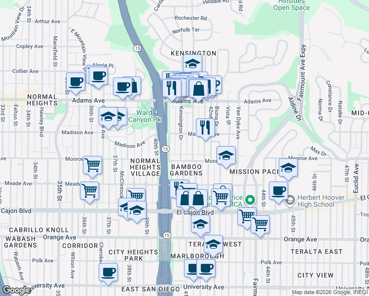 map of restaurants, bars, coffee shops, grocery stores, and more near 4548 Marlborough Drive in San Diego