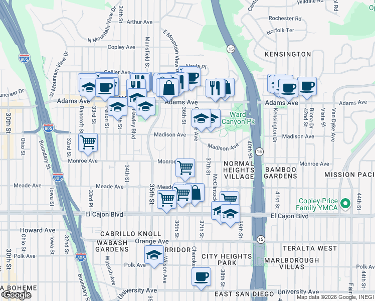 map of restaurants, bars, coffee shops, grocery stores, and more near 4539 36th Street in San Diego