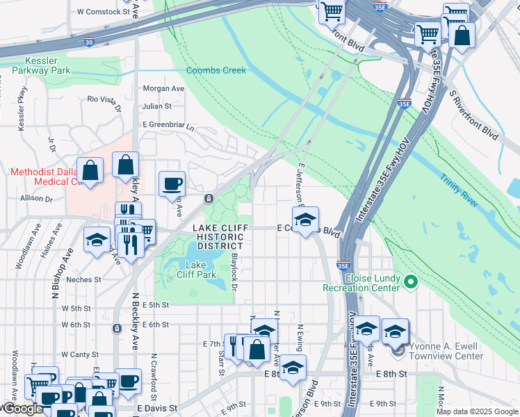 map of restaurants, bars, coffee shops, grocery stores, and more near 926 North Marsalis Avenue in Dallas