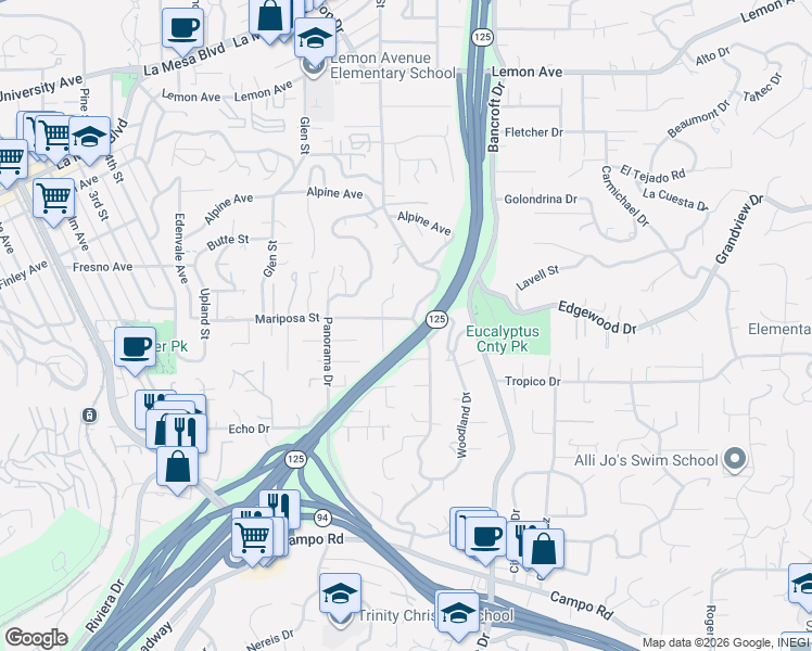 map of restaurants, bars, coffee shops, grocery stores, and more near 8906 Mariposa Street in La Mesa