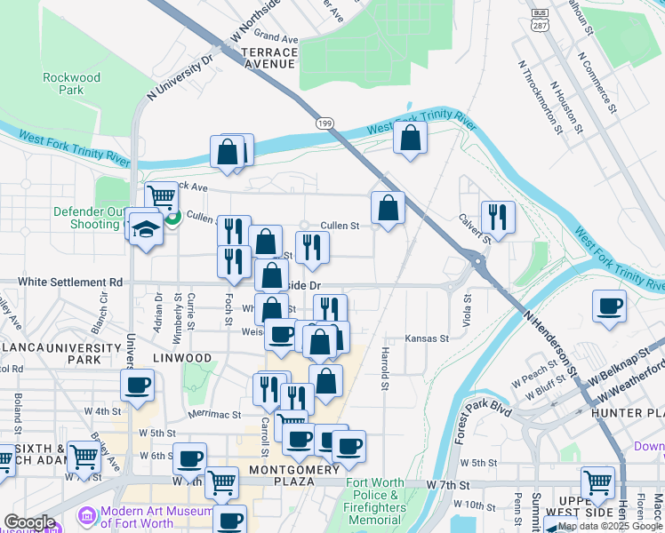 map of restaurants, bars, coffee shops, grocery stores, and more near 2520 White Settlement Road in Fort Worth